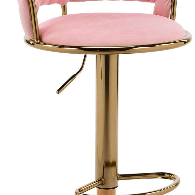 Velvet And Metal Low Back Adjustable Height Swivel Bar Chair - Pink And Gold