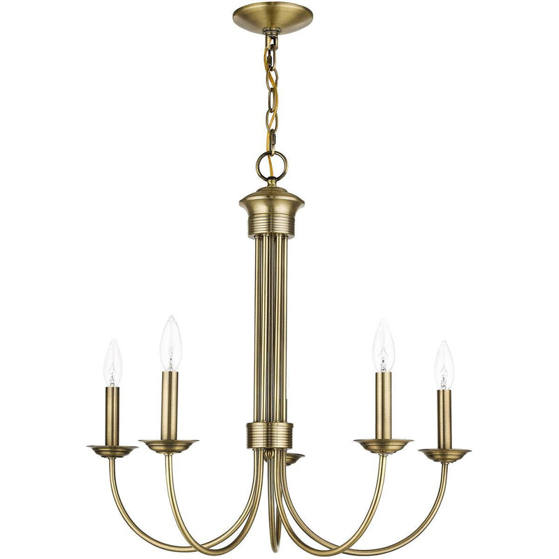 Five Light Metal Dimmable Chandelier With Shades - Antiqued Brass