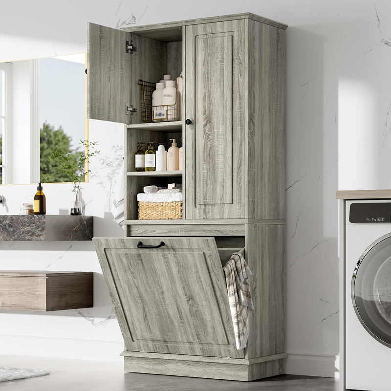 Modern Tall Storage Cabinet With Adjustable Shelves, Flip-Out Basket & Enclosed Doors