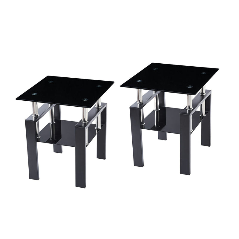 Glass Metal Square End Tables With Shelf (Set of 2) - Black