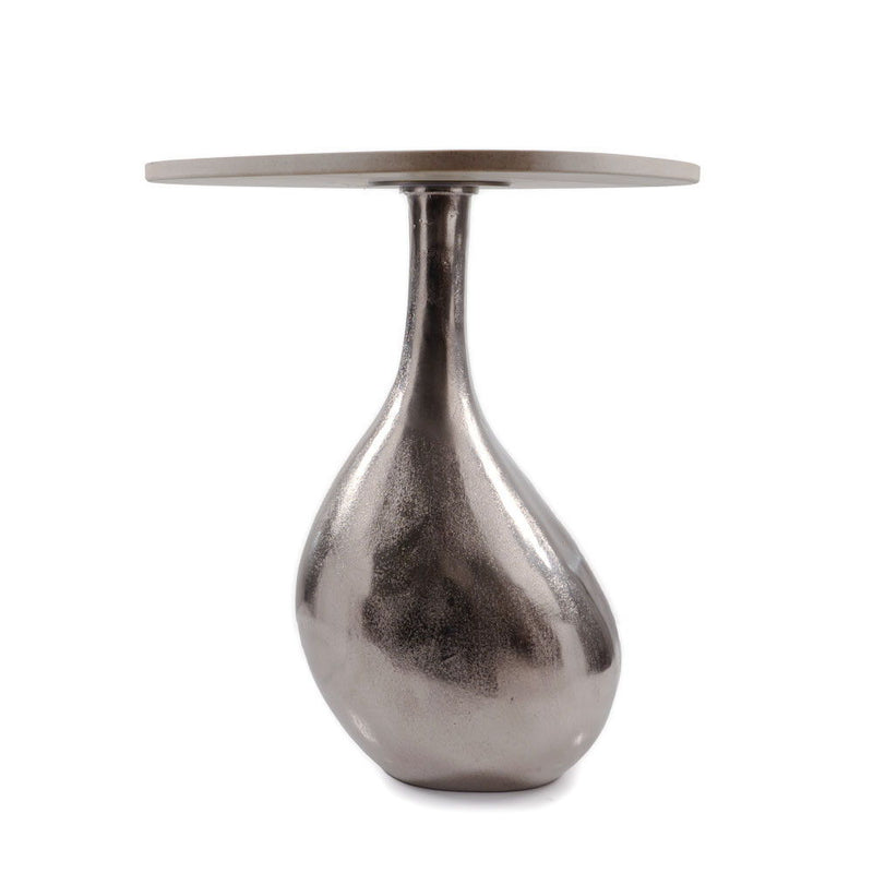 22" Cast Aluminum And Marble Pedestal End Table - Silver And Beige