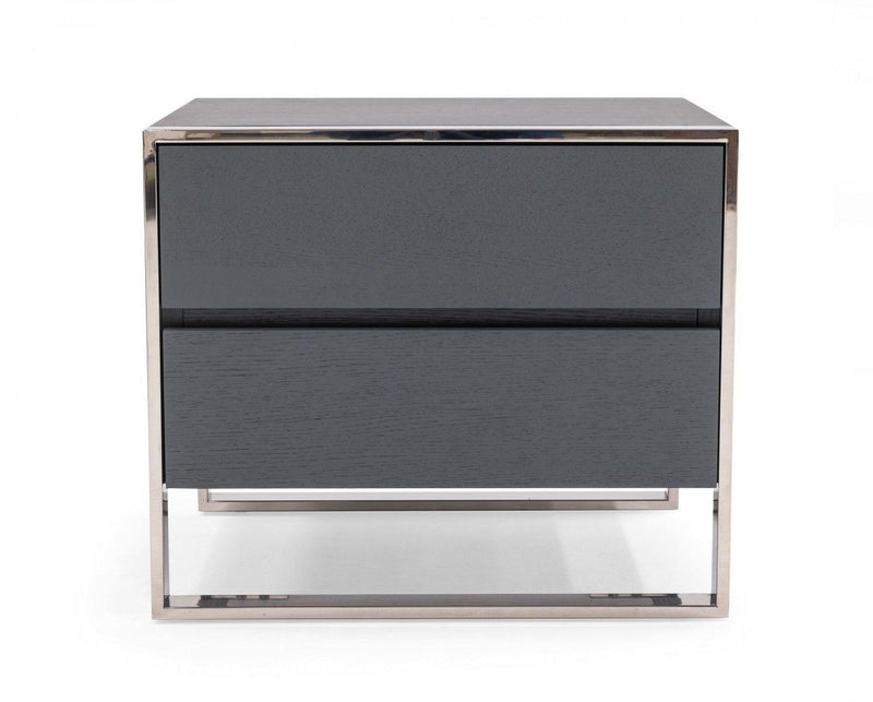 Modern Nightstand With Two Drawers - Gray And Stainless Steel