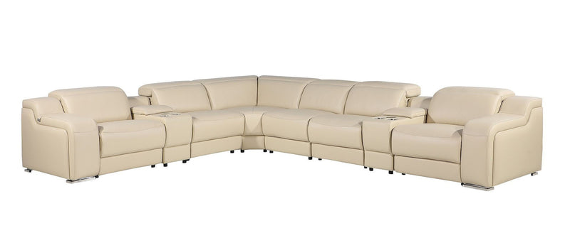 Italian Leather Power Reclining Curved Seven Piece Corner Sectional With Console - Beige