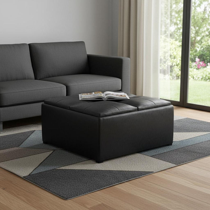 35" Leather Cocktail Ottoman With Storage - Black