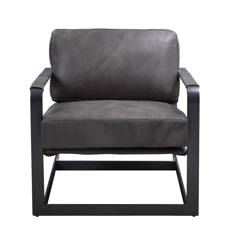 Black Top Grain Leather And Steel Solid Color Arm Chair - Gray