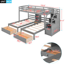 Load image into Gallery viewer, Twin Over Twin &amp; Twin Bunk Bed With Drawers, Staircase Storage, Built In Shelves - Gray
