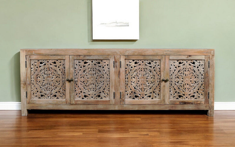 86" Carved Floral Distressed Solid Wood Enclosed Storage TV Stand - Natural