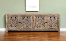 Load image into Gallery viewer, 86" Carved Floral Distressed Solid Wood Enclosed Storage TV Stand - Natural

