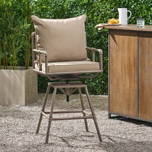 Load image into Gallery viewer, Industrial Outdoor Patio Plumber&#39;s Iron Frame Swivel Barstool With Cushions, Height Adjustable
