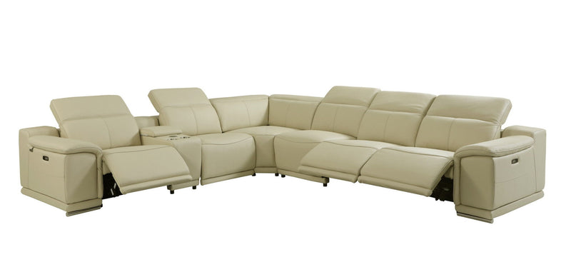 Italian Leather Power Reclining Seven Piece Corner Sectional With Console - Beige