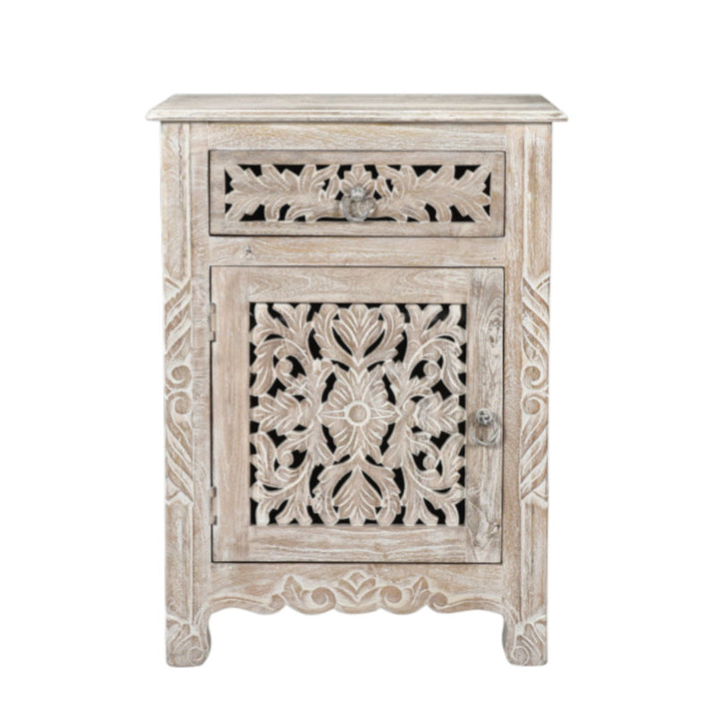 One Drawer Floral Carved Solid Wood Nightstand - Distressed White