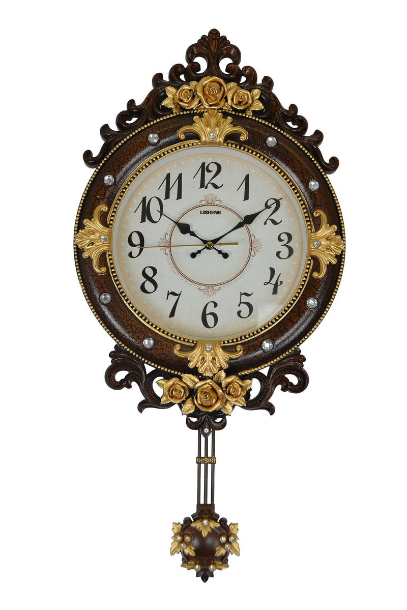 Silent Pendulum Ornate Oval Wall Clock - Brown / Gold / White