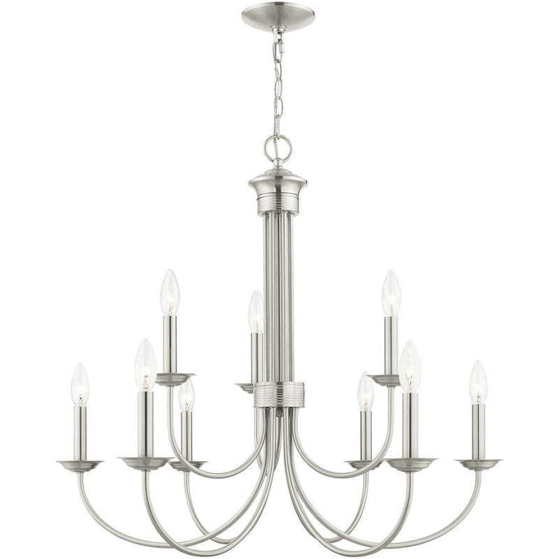 27" Nine Light Dimmable Chandelier With Shades - Nickel