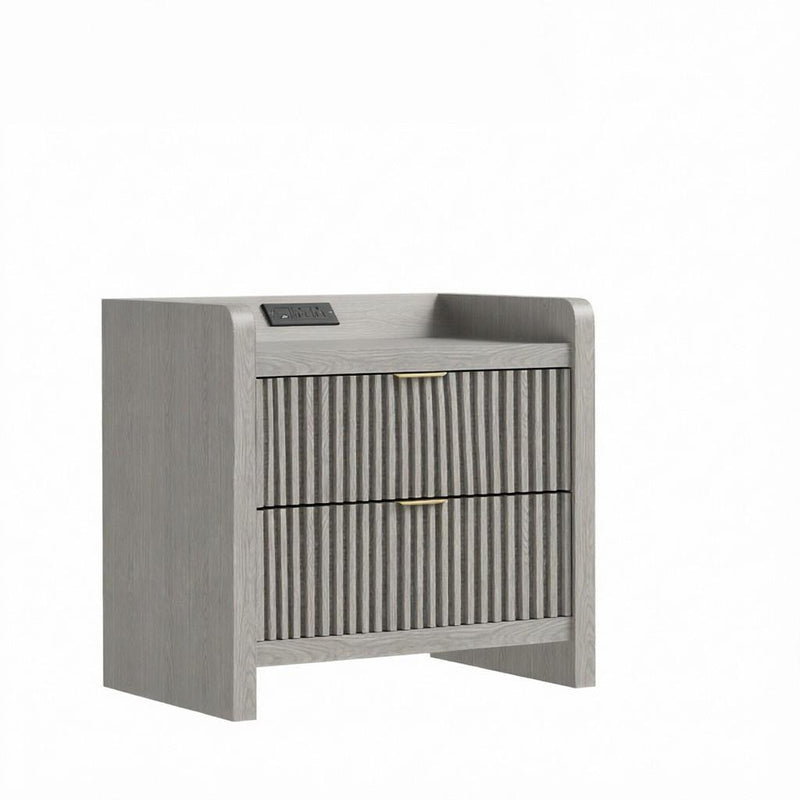 Wood Ribbed Texture Two Drawer Nightstand With USB Port And Integrated Tech - Gray