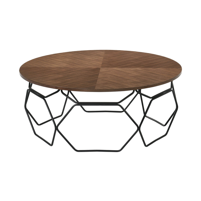 36" Solid Wood And Metal Round Coffee Table - Brown And Black