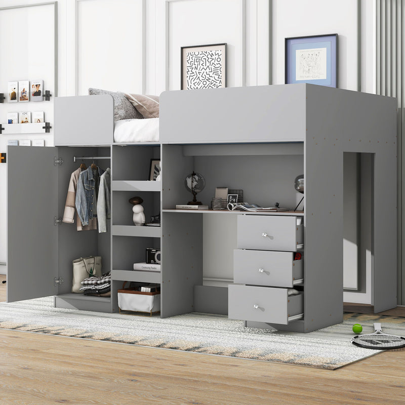 Loft Bed With Built In Wardrobe, Desk, Shelves, And Drawers