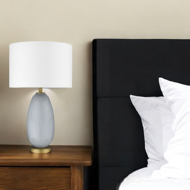 Glass Table Lamp With White Drum Shade - Light Gray