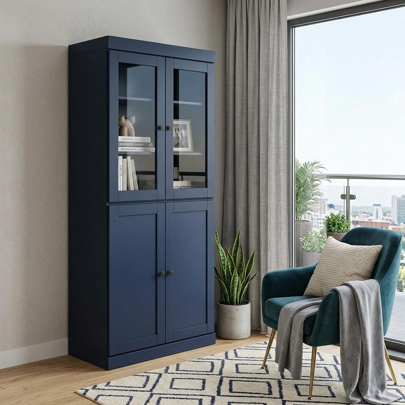 Solid Wood Adjustable Six Tier Library Bookcase With Four Doors (751527) - Navy Blue