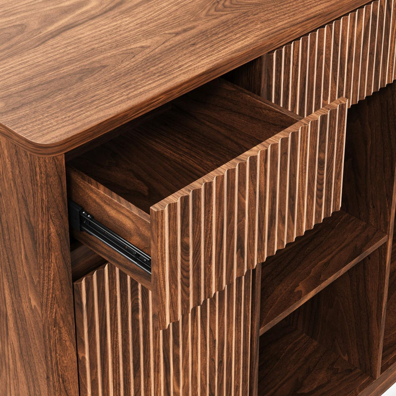 Wood Ribbed Textured Bar Cabinet With Mini Fridge Compartment And USB - Walnut