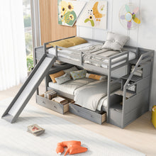 Load image into Gallery viewer, Twin over Twin Bunk Bed with Storage Staircase, Slide and Drawers, Desk with Drawers and Shelves, Gray
