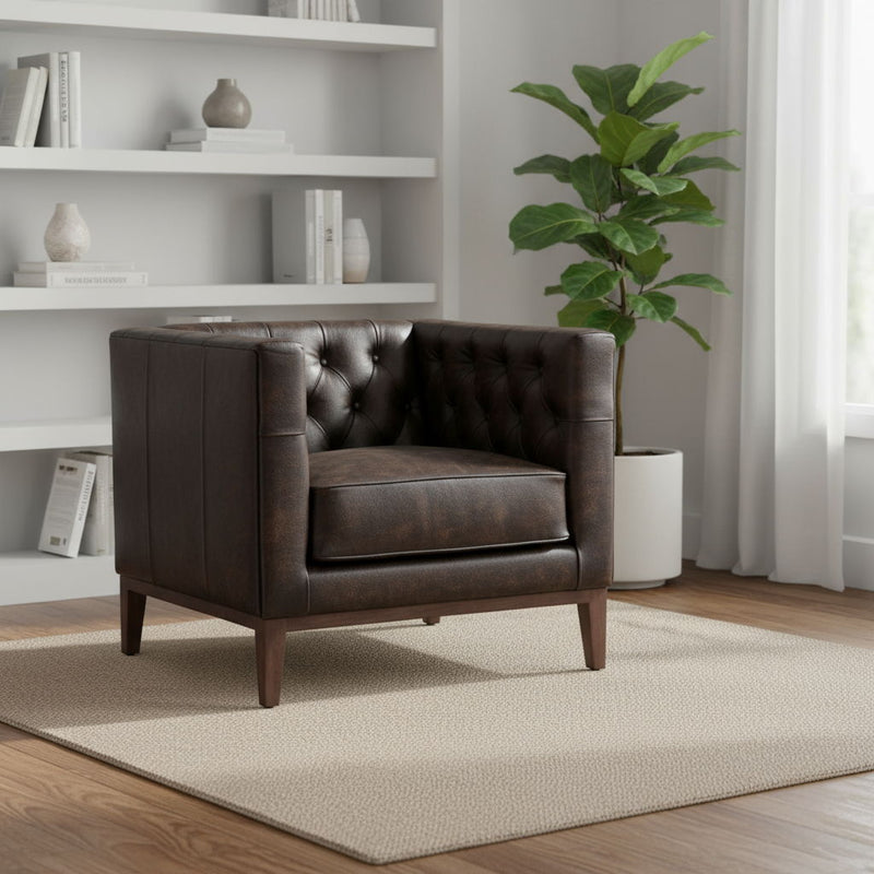 Antiqued Top Grain Leather Tufted Club Chair - Brown And Black
