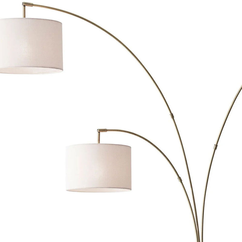Three Light Arc Floor Lamp With Off-White Fabric Drum Shade - Brass