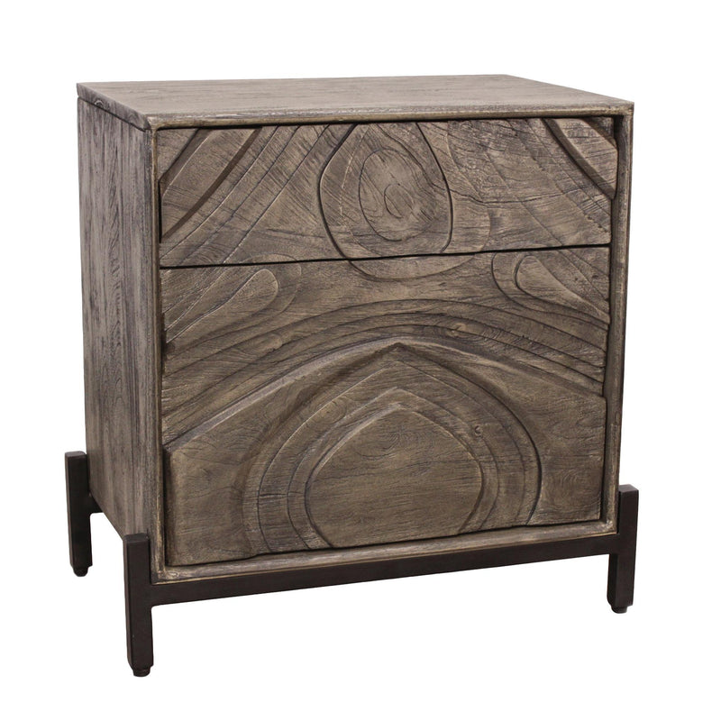 Solid Wood Distressed Carved Abstract One Drawer Nightstand - Ash Gray