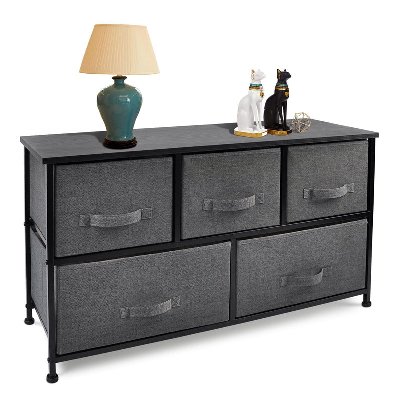 Fabric And Steel Accent Chest With Two Shelves And Five Drawers - Black And Dark Gray