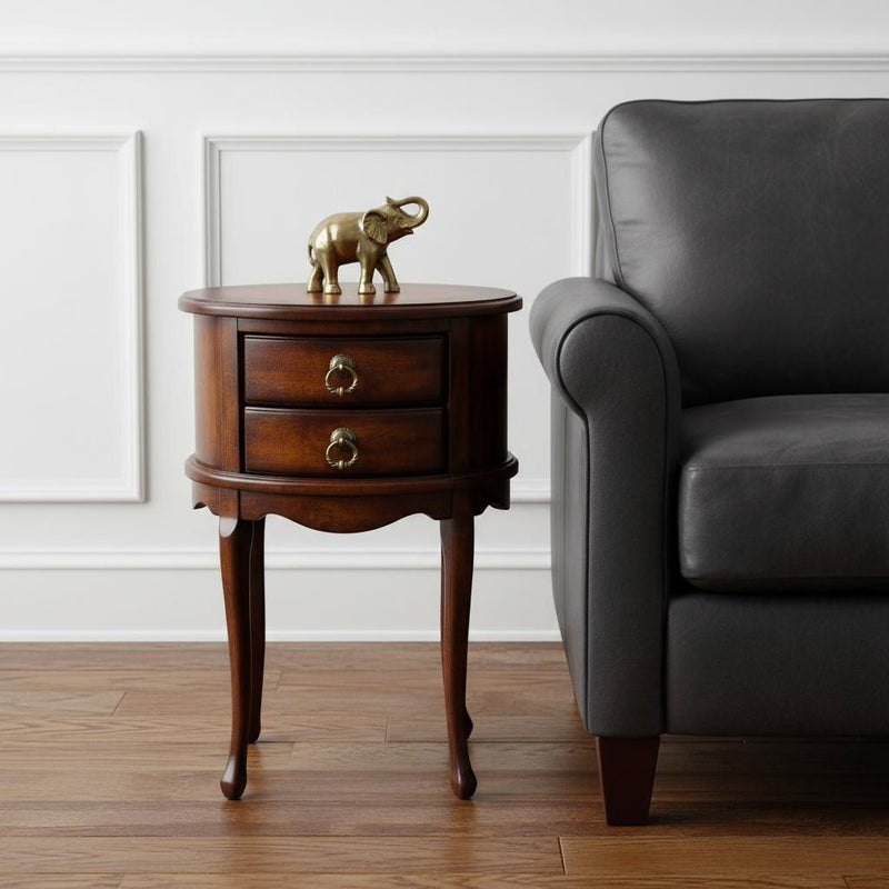 Manufactured Wood Oval End Table With Two Drawers - Dark Brown And Cherry
