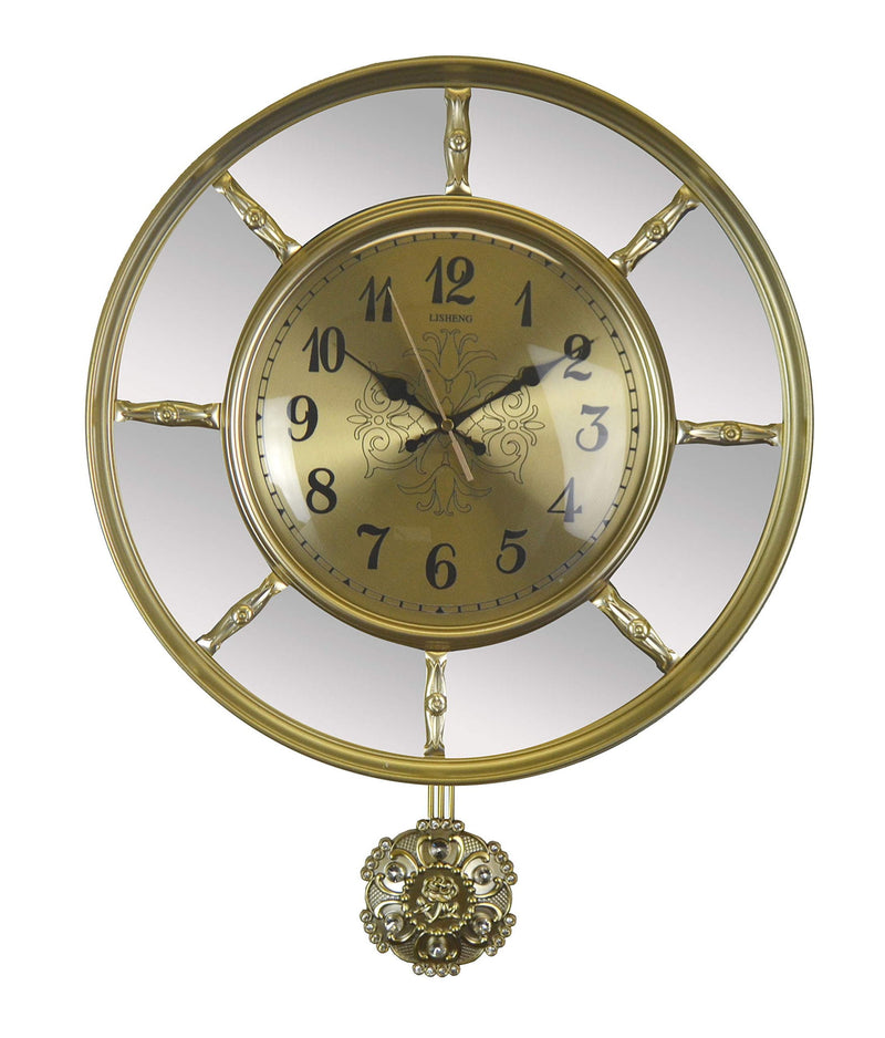 Mirrored Silent Pendulum Ornate Round Wall Clock - Gold / Silver