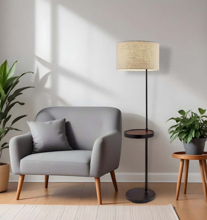 Tray Table Floor Lamp With Beige Drum Shade - Black