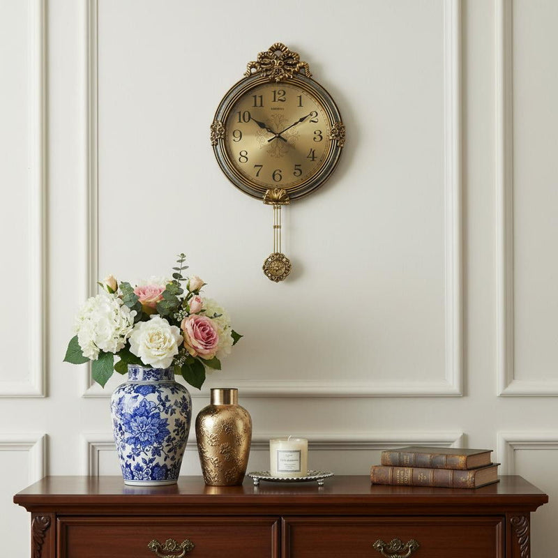Silent Pendulum Ornate Round Wall Clock (626560) - Gold / Silver