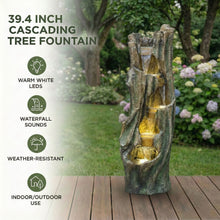 Load image into Gallery viewer, Tree Trunk Cascading Water Fountain, Outdoor LED Lighted - Gray
