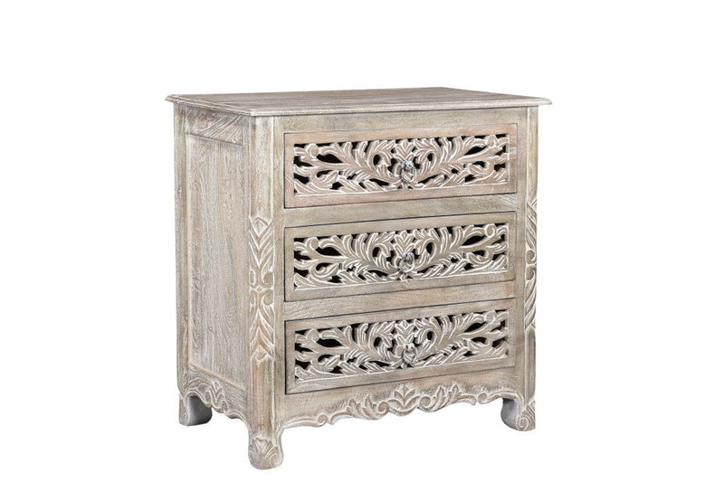 Three Drawer Floral Carved Solid Wood Nightstand - Distressed Gray
