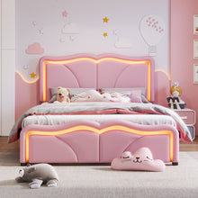 Load image into Gallery viewer, Upholstered Platform Bed &amp; Curve Shaped And Height Adjustable Headboard, LED Light Strips
