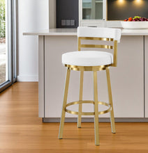 Load image into Gallery viewer, 30" Faux Leather And Stainless Steel Low Back Bar Height Swivel Bar Chair - Gold / White
