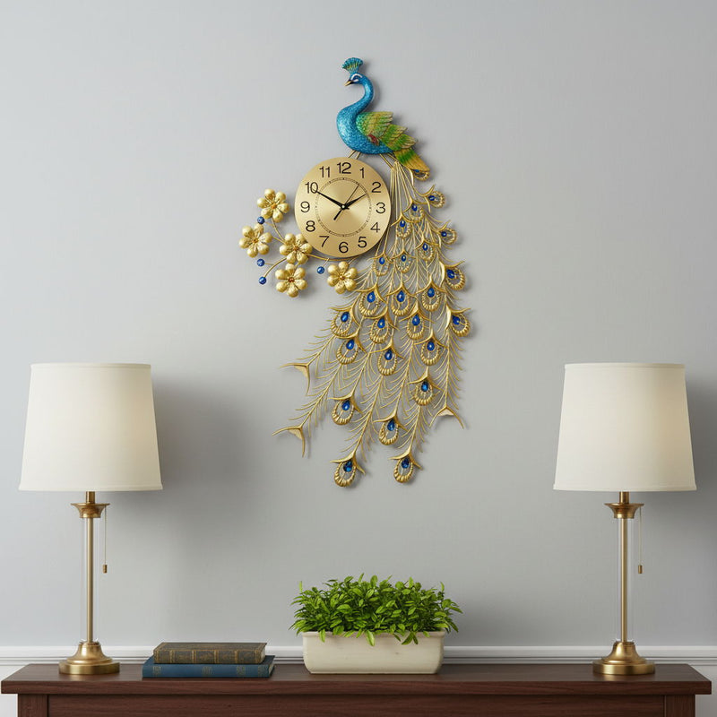 Silent Analog Peacock Novelty Wall Clock (626374) - Blue / Green / Gold