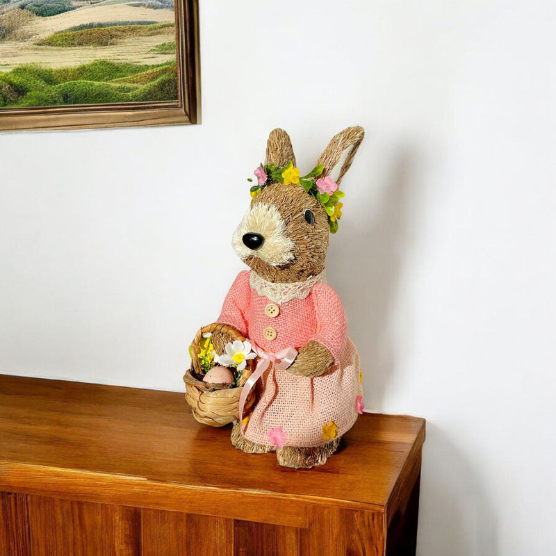 Straw Rabbit Easter Easter Bunny Figurine - Brown / Pink