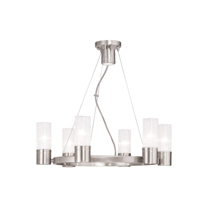 20" Six Light Metal Dimmable Chandelier With Shades - Nickel / Clear