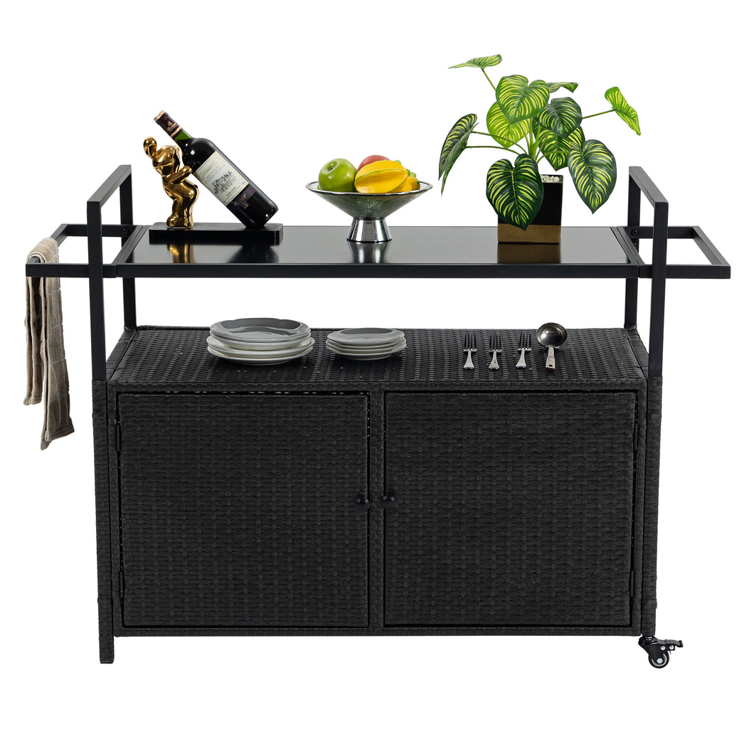 Outdoor Wicker Bar Cart, Patio Wine Serving Cart w/Wheels, Rolling Rattan Beverage Bar Counter Table w/Glass Top for Porch Backyard Garden Poolside Party, Black