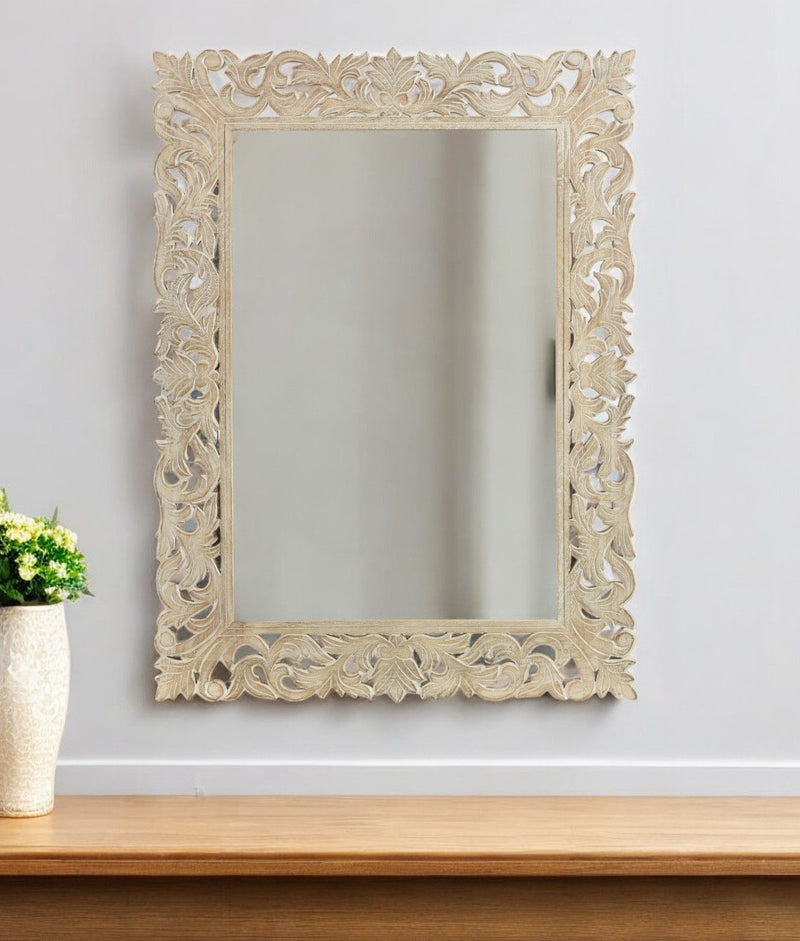 47" Antiqued Solid Carved Scrollwork Accent Mirror - White