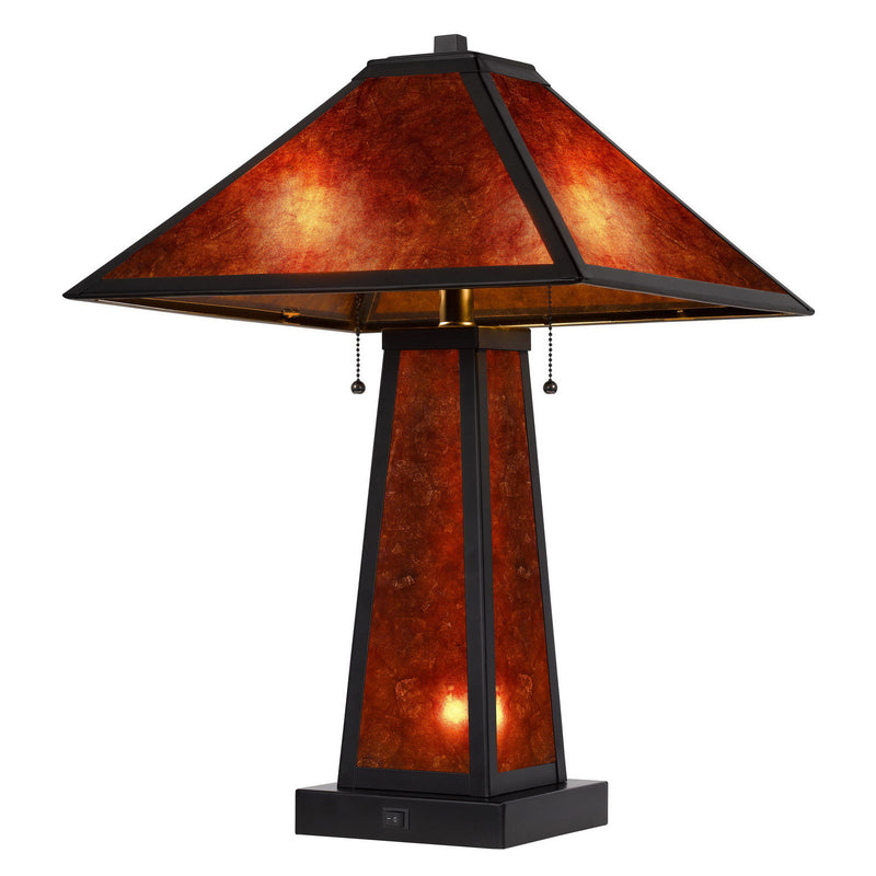 Metal Two Light Table Lamp With Amber Square Shade - Burnt Orange