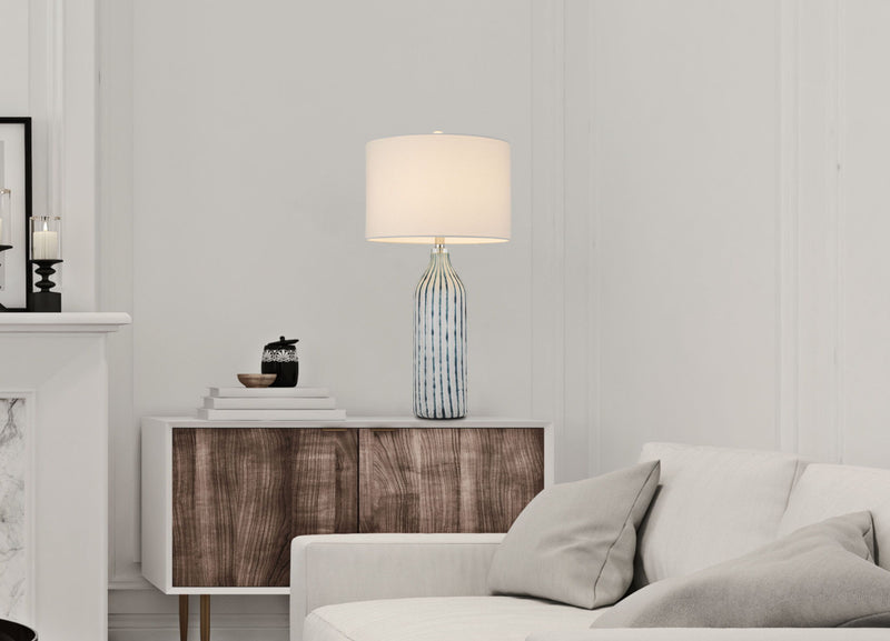 Glass Table Lamp With White Drum Shade - Aqua And Gray