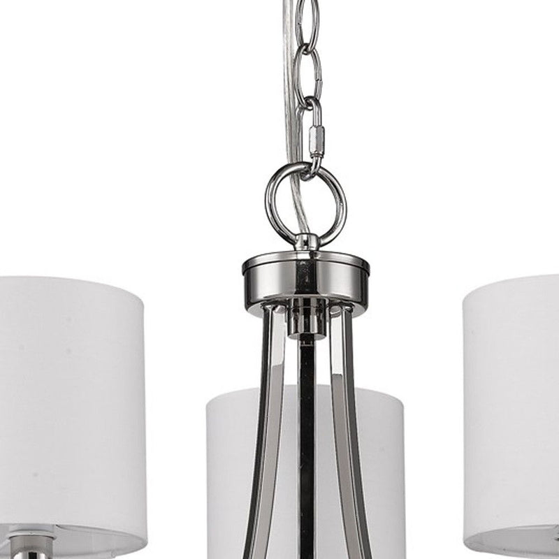 Candle Style Three Light Metal Dimmable Chandelier With White Shades - Silver / White