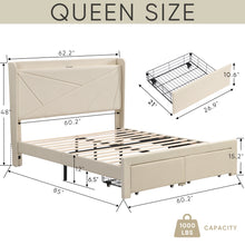 Load image into Gallery viewer, Queen Size Bed Frame with 2 Storage Drawers, Upholstered Bed Frame with Wingback Headboard Storage Shelf Built-in  USB Charging Stations and Strong Wood Slats Support, No Box Spring Needed, Beige
