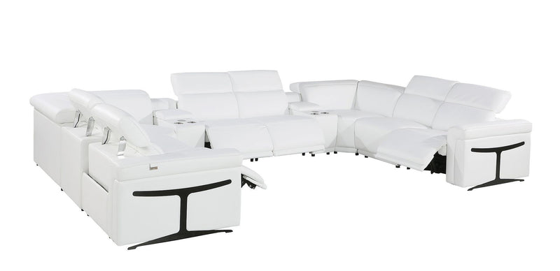 Italian Leather Power Reclining U Shaped Ten Piece Corner Sectional With Console - White