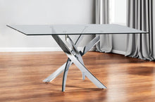 Load image into Gallery viewer, 63" Glass And Stainless Steel Pedestal Base Dining Table - Silver
