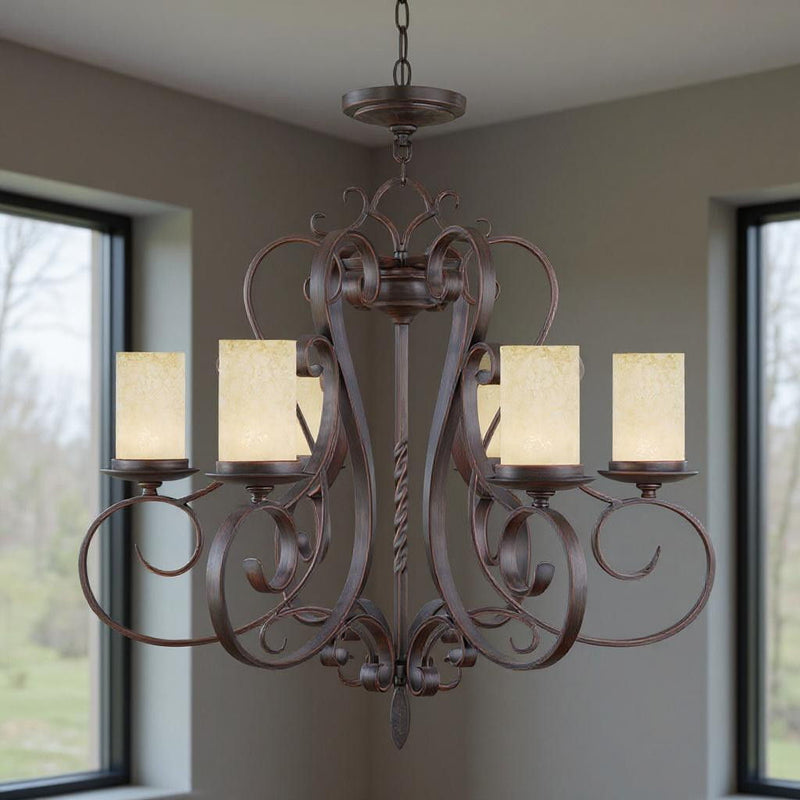27" Six Light Metal Dimmable Chandelier With Shades - Bronze / Cream