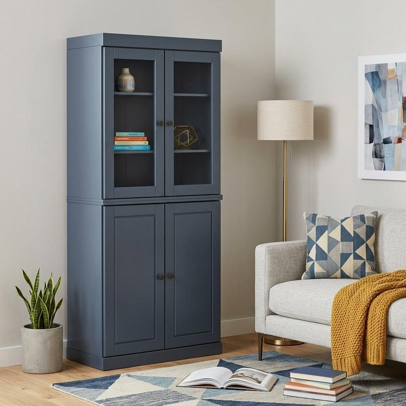 Solid Wood Adjustable Six Tier Library Bookcase With Four Doors (751525) - French Blue