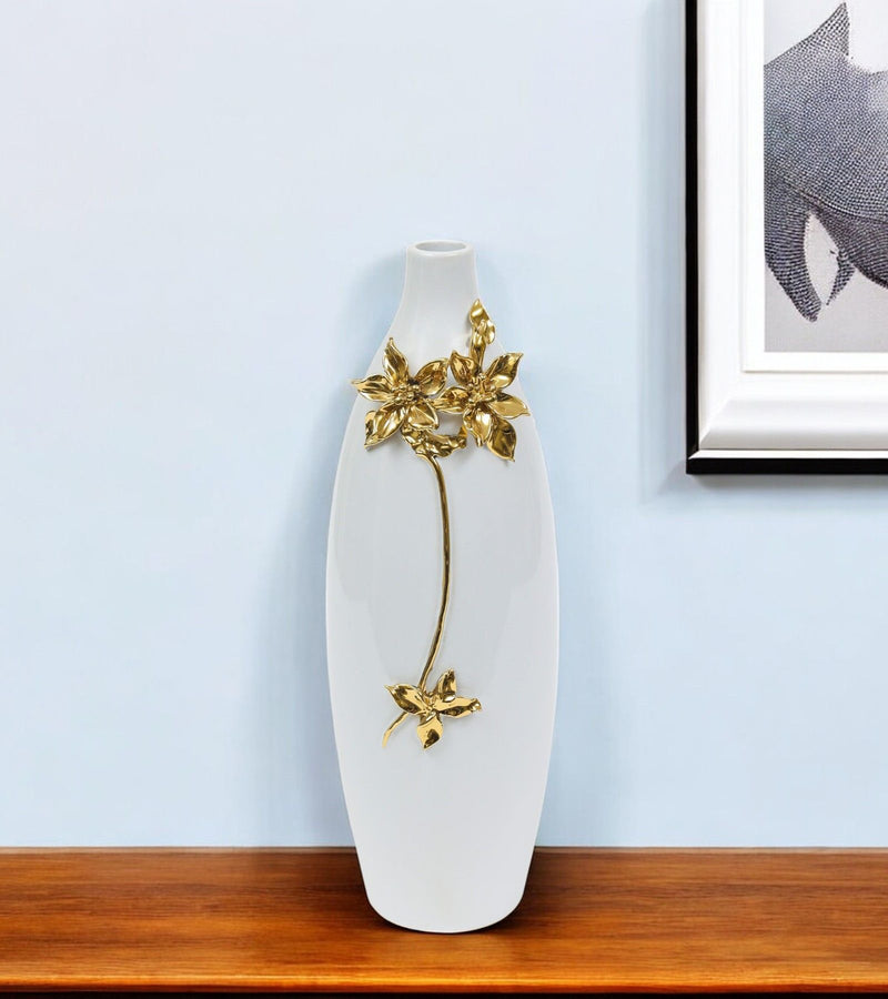 Floral Oval Table Vase With Sculptural Details - Gold